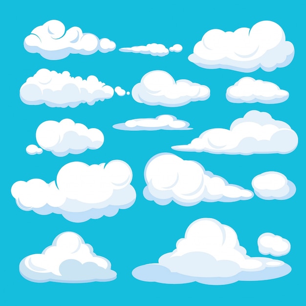 Nubes De Dibujos Animados Cielo Azul Cloudscape Aereo Nubes Azules Diferentes Formas Y Formas Ilustraciones Vector Premium