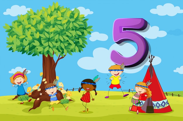 Número de tarjeta dflashcard con cinco niños en el parque vector gratuito