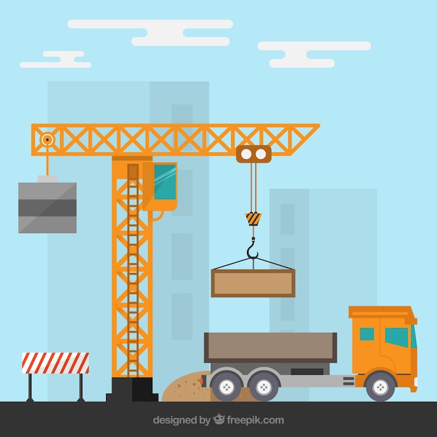 Obras De Construccion Con Una Grua Y Un Camion Vector Gratis