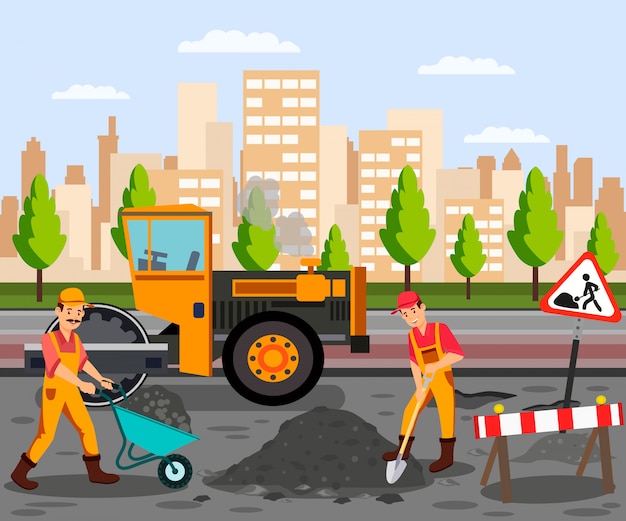 Obras Viales Asfalto Pavimentación Plana Ilustración En Color Vector Premium 4799