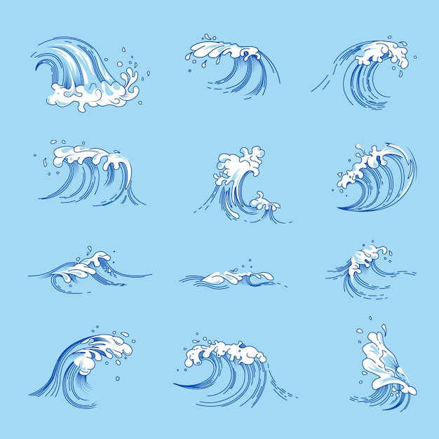 Las Olas Y Las Salpicaduras De Agua De Mar O Mar Vector Conjunto De Iconos De Dibujo Vector Premium