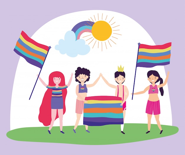 Orgullo Desfile Comunidad Lgbt Grupo De Hombres Y Mujeres Felices Con Banderas Del Arco Iris 