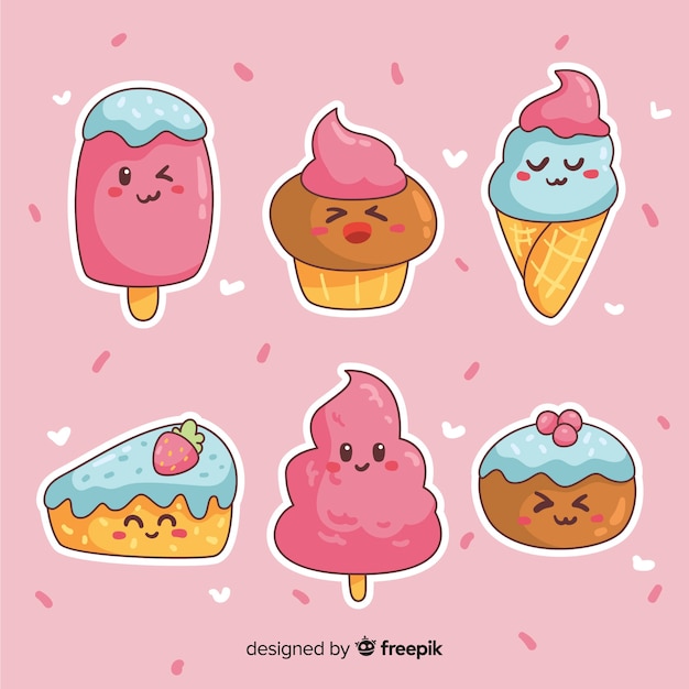 Pack Comida Dulce Kawaii Dibujada A Mano Vector Gratis