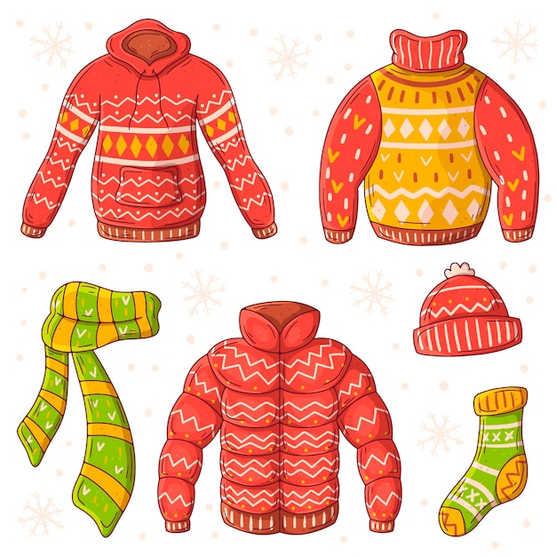 Pack dibujado a mano de ropa de invierno y básicos. | Vector Gratis