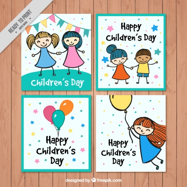 Pack De Graciosas Tarjetas Con Dibujos Del Dia Del Nino Vector Gratis