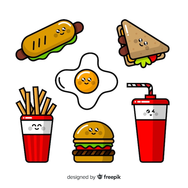 Pack Kawaii Comida Rapida Dibujada A Mano Vector Gratis