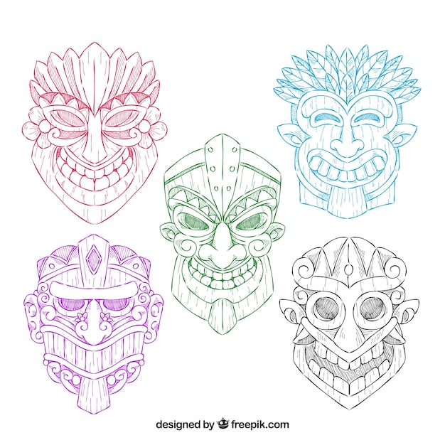 Pack de máscaras tiki de colores dibujadas a mano Vector Gratis