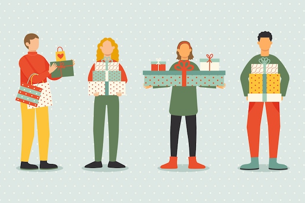 Pack de personas comprando regalos de navidad vector gratuito