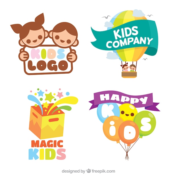 Download Pack plano de logotipos de niños coloridos | Vector Gratis