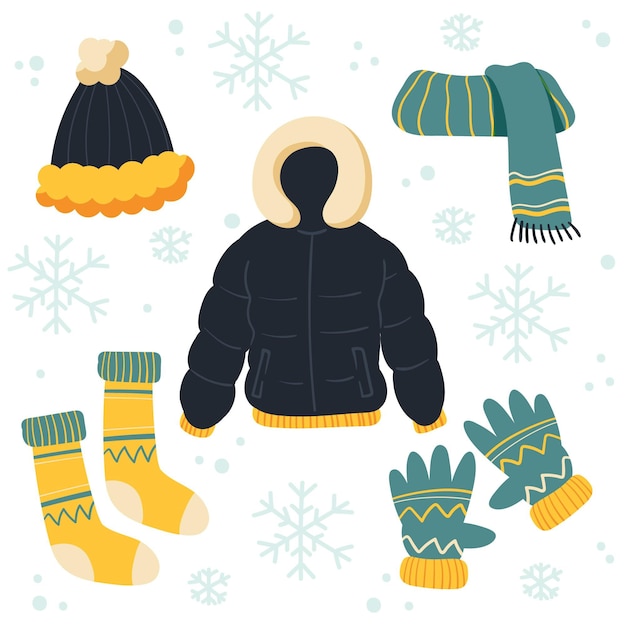 Pack de ropa de invierno y básicos dibujados a mano | Vector Premium