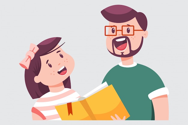 Padre E Hija Están Leyendo Un Libro El Hombre Enseña A Un Niño A Leer Ilustración Plana De