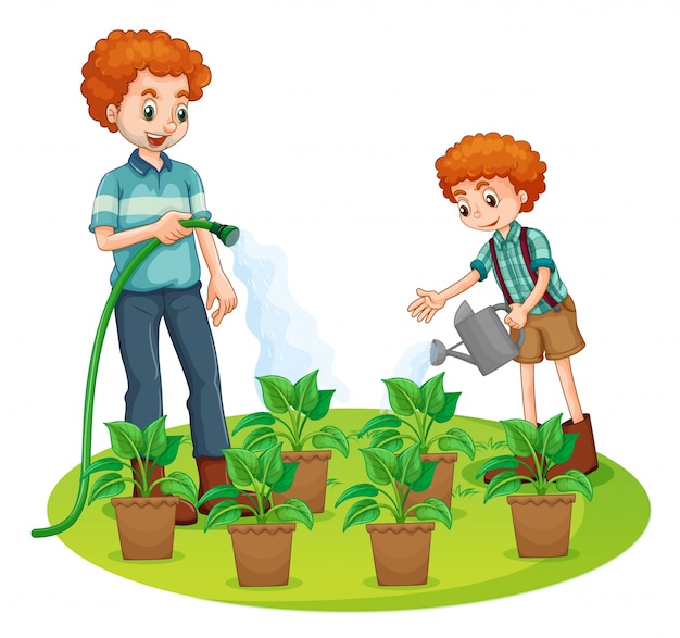 Padre e hijo regando las plantas | Vector Premium