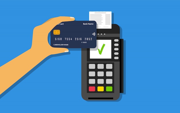 Pago Con Tarjeta De Crédito Inalámbrica Pagos Nfc Pos Terminal Y Tarjeta De Crédito En Mano 7936