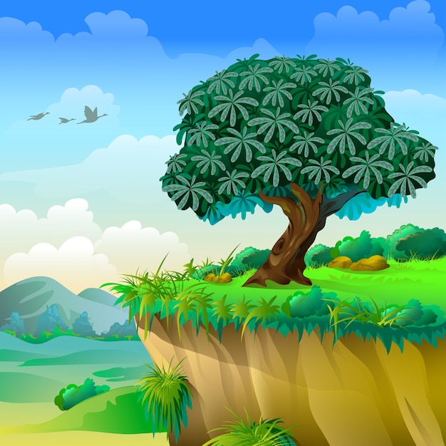 Paisaje De Dibujos Animados Con árbol Descargar Vectores Premium