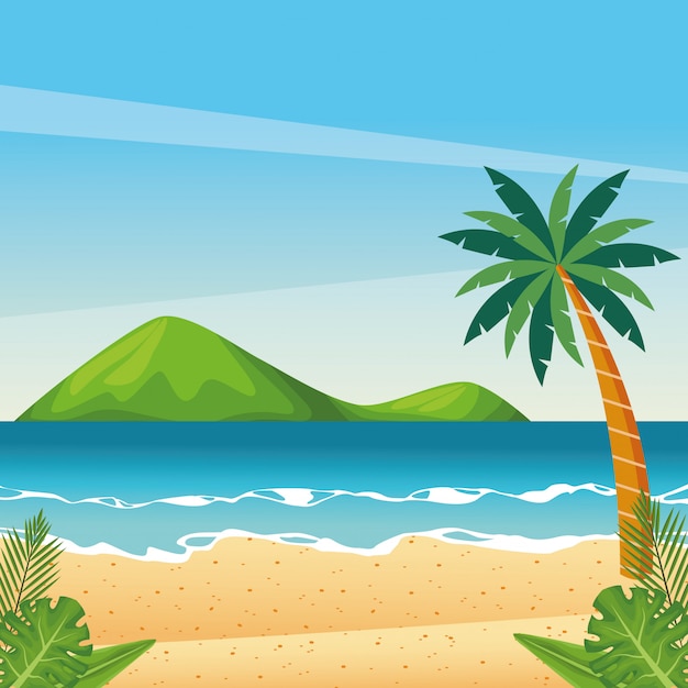 Paisaje De Dibujos Animados De Playa Hermosa Vector Premium