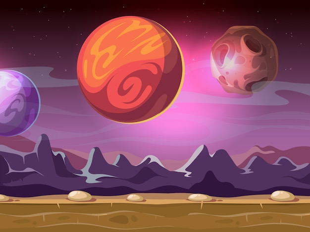 Paisaje Fantástico Alienígena De Dibujos Animados Con Lunas Y Planetas Sobre Fondo De Cielo 7701