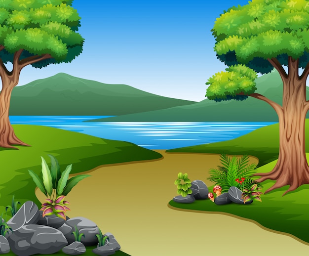 Paisaje natural con rio y montaña Vector Premium