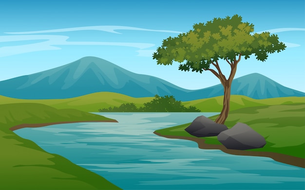 Paisaje De Naturaleza Con R O Y Monta A Vector Premium