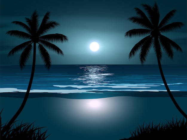 Paisaje Nocturno De Playa Con Luna Llena Vector Premium