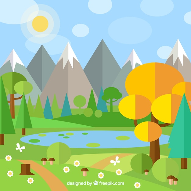 Paisaje plano con árboles y montañas Vector Premium