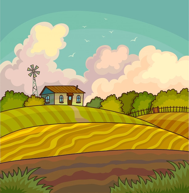 Paisaje Rural De Granja Con Campo Vector Premium