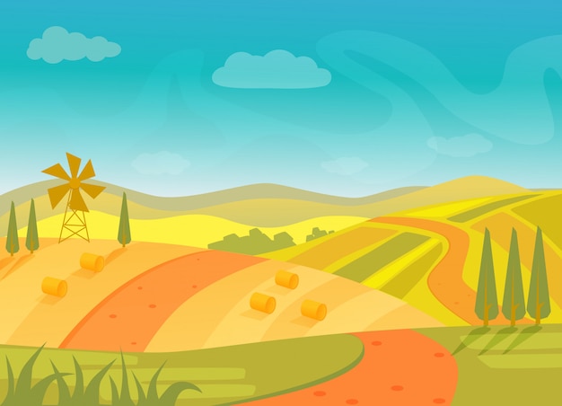 Paisaje rural hermoso pueblo con montañas y colinas Vector Premium