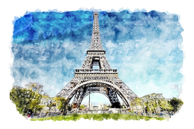 Paisaje Torre Eiffel Paris Francia Acuarela Dibujo Dibujado A Mano Ilustracion Vector Premium