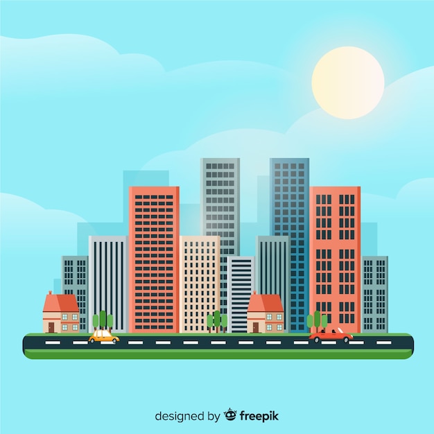 Paisaje Urbano De Diseno Plano Con Edificios De Oficinas Vector Premium