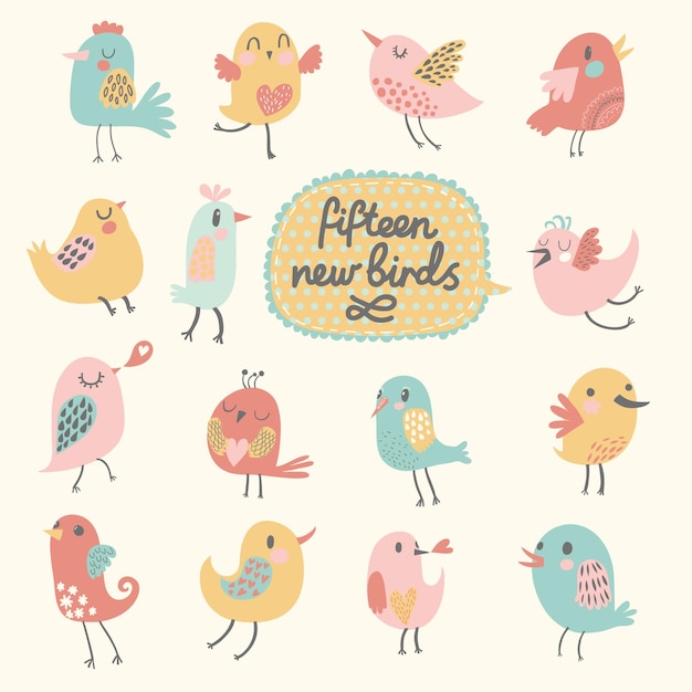 Pájaros lindos en vector conjunto de dibujos animados quince pájaros