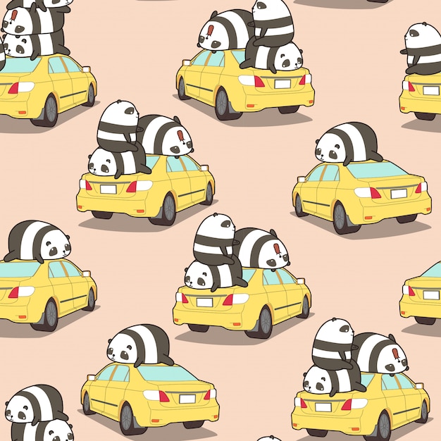 Pandas Sin Fisuras En El Patrón De Coche Amarillo Vector Premium