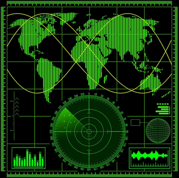 Pantalla de radar verde con ilustración de mapa del mundo Vector Premium