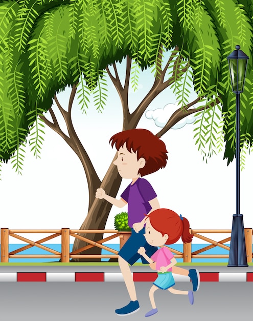 Papá e hija corriendo por el parque | Vector Premium