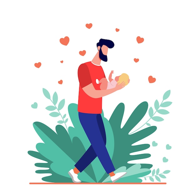 Papa Joven Caminando Y Llevando Al Bebe Nuevo Padre Admirando La Ilustracion De Vector Plano Infantil Amor Paternidad Puericultura Vector Gratis