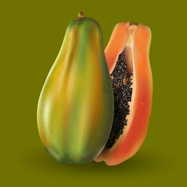 Papaya Sobre Fondo Verde Vector Premium