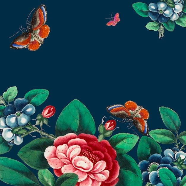 Papel pintado chino con flores y mariposas. vector gratuito