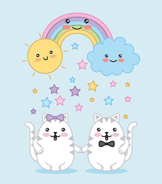 Vector Premium Par Kawaii Gatos Arco Iris Nube Sol Dibujos Animados