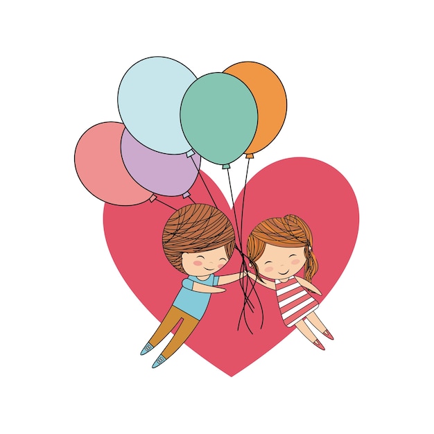 Par de niños dibujos animados icono de corazón y globos | Vector ...