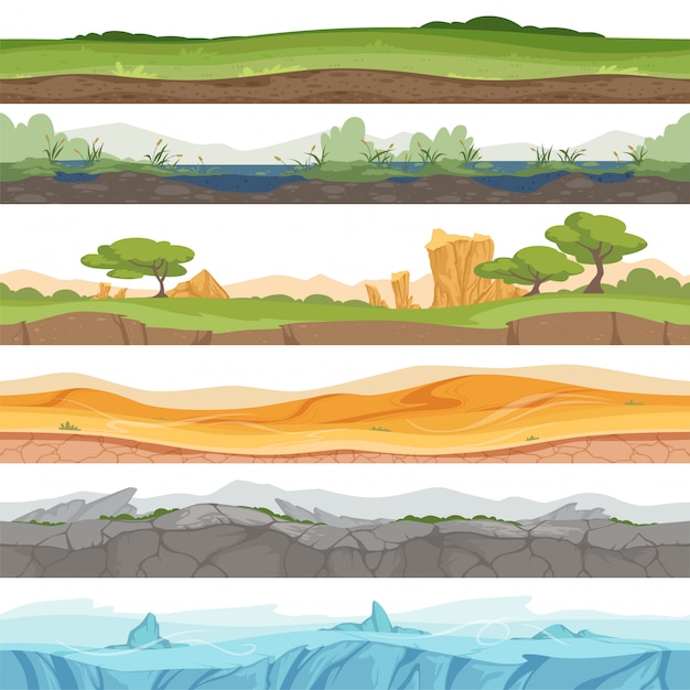 Paralaje Suelo Sin Costuras Juego Paisaje Hielo Hierba Agua Desierto Tierra Roca Dibujos Animados Vector Premium