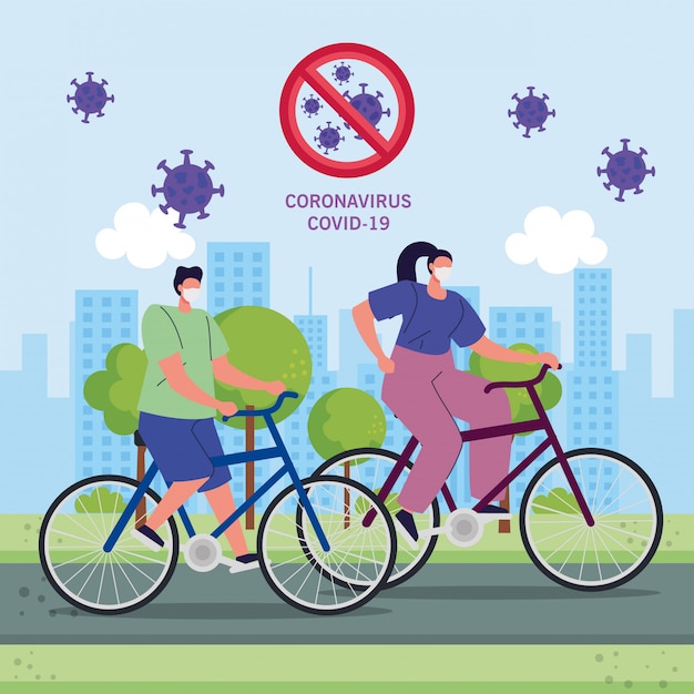 Pareja en bicicleta con máscara de protección médica en el paisaje natural  durante la pandemia de covid-19 | Vector Premium