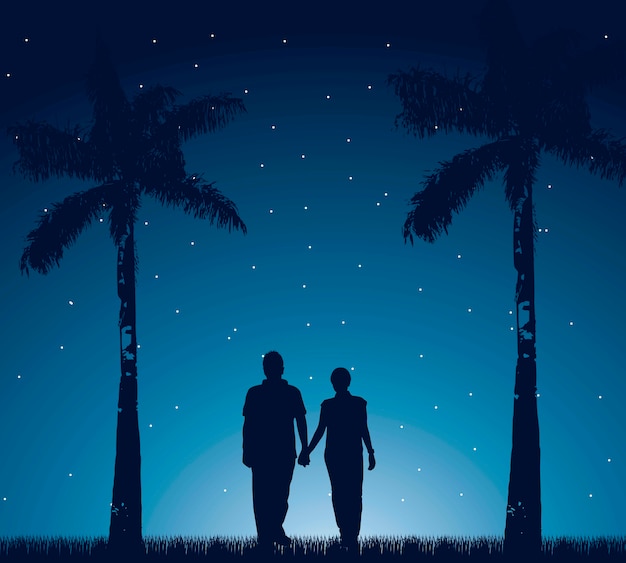 Pareja Caminando En La Ilustraci N De Vector De Noche Vector Premium