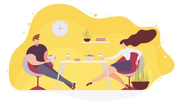 Pareja comiendo comida rápida en cafe vector plano Vector Premium