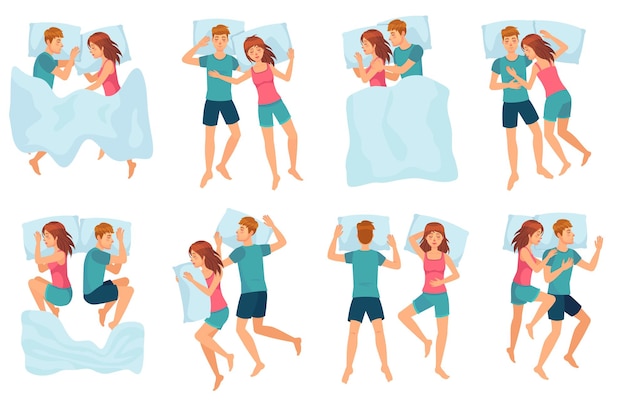Pareja Duerme En Diferentes Poses Hombre Y Mujer Durmiendo Juntos