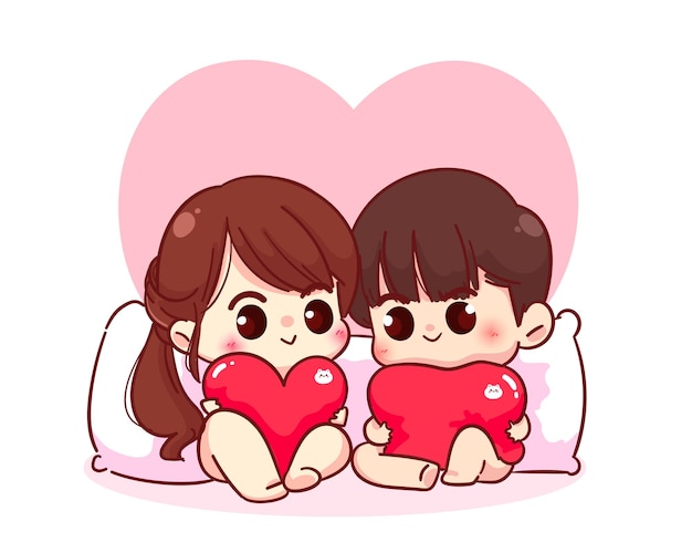 Pareja De Enamorados Sentada Con Una Almohada En Forma De Corazón Feliz Día De San Valentín 8964