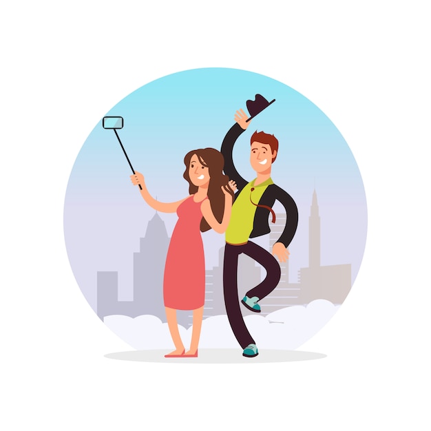 Pareja Feliz Haciendo Selfie Personaje De Dibujos Animados Hombre Y Mujer Haciendo Photo Vector Premium