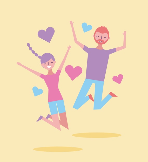 Pareja Feliz Sonriendo Salto Disfruta Decoracion De Corazon De Dibujos Animados Vector Premium