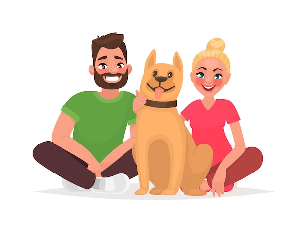 Pareja De Jóvenes Con Una Mascota Marido Y Mujer Con Un Perro Vector Premium 