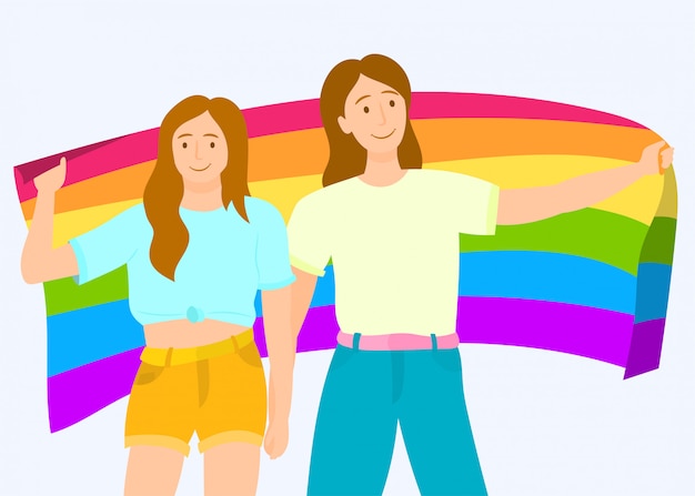 Pareja De Lesbianas Ondeando Bandera Lgbt Vector Premium