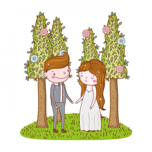 Pareja Matrimonio Linda Caricatura Vector Premium