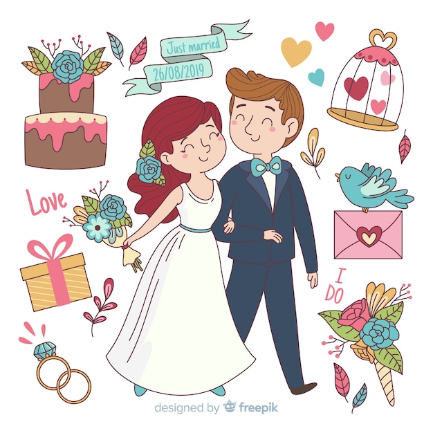 Pareja De Novios De Boda Con Adornos Dibujado A Mano Vector Gratis