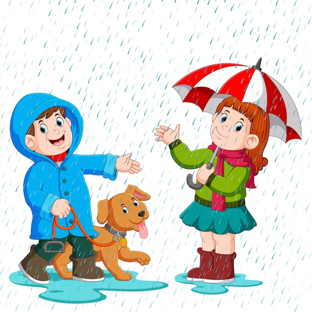 Una pareja bajo un paraguas caminando bajo la lluvia Vector Premium